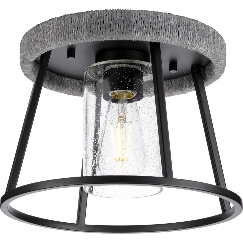 Laramie Collection One-Light Matte Black Rustic Modern Clear Seeded Glass 12" Flush Mount Light