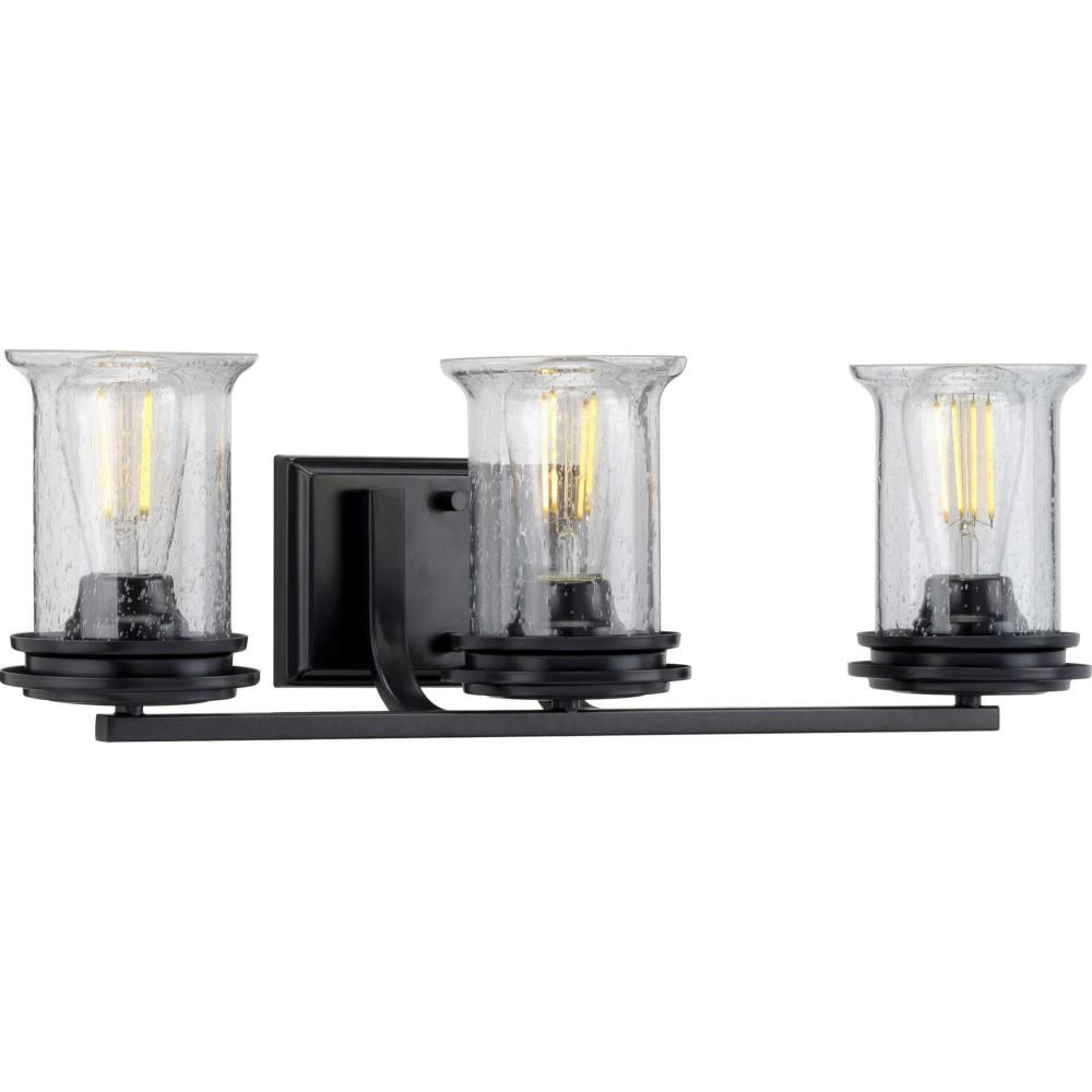 Winslett Collection Three-Light Matte Black Clear Seeded Glass Coastal Bath Vanity Light