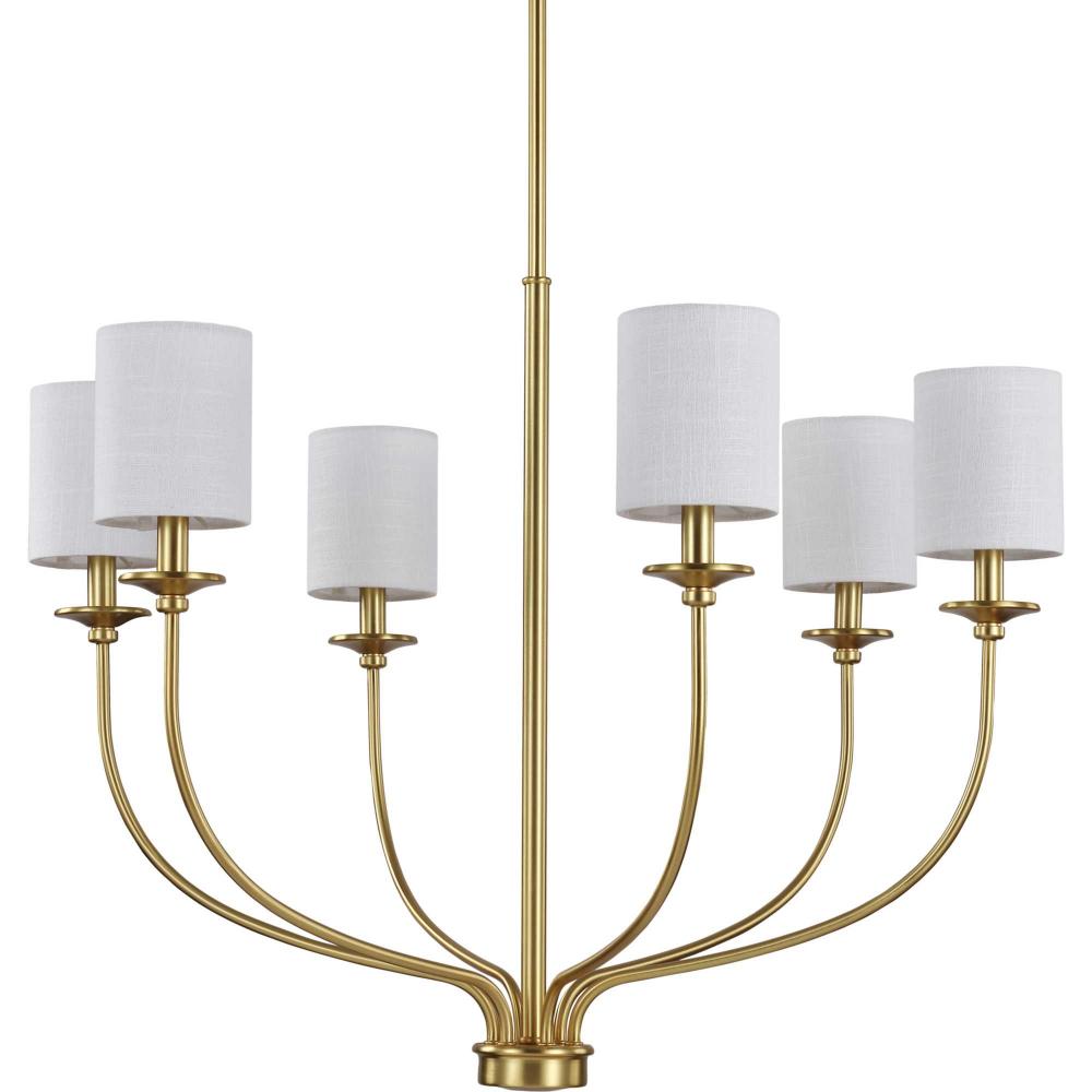 Bonita Collection Six-Light Satin Brass White Linen Fabric Shade Luxe Chandelier Light