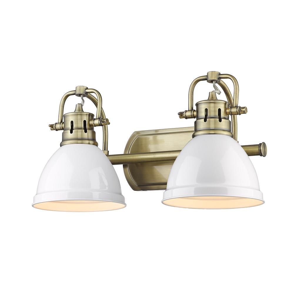 Duncan 2 Light Bath Vanity in Aged Brass with Matte White Shades